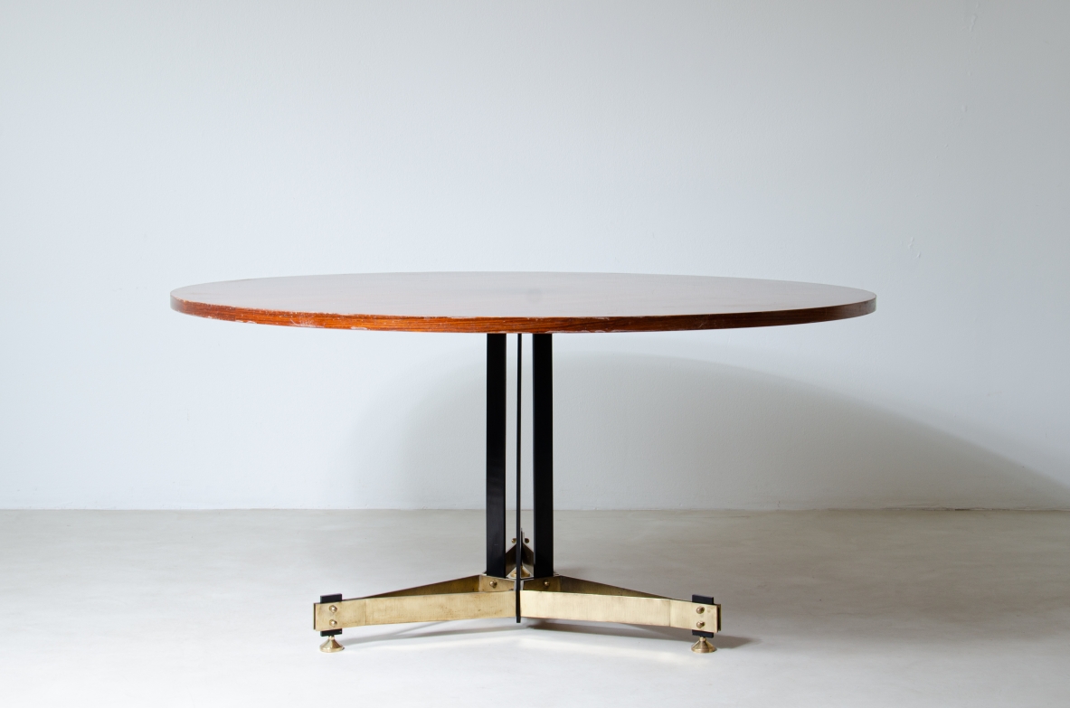 Unique large dining table with metal and brass base and veneered wooden top. Italian manufacture, 1950s.
