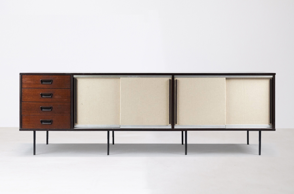 Sideboard in wood with sliding doors covered in fabric. Italian manufacture, 1960's