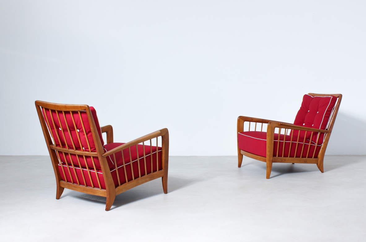 Paolo Buffa 1940's rare pair of armchairs in cherry wood with upholstered seat and back.