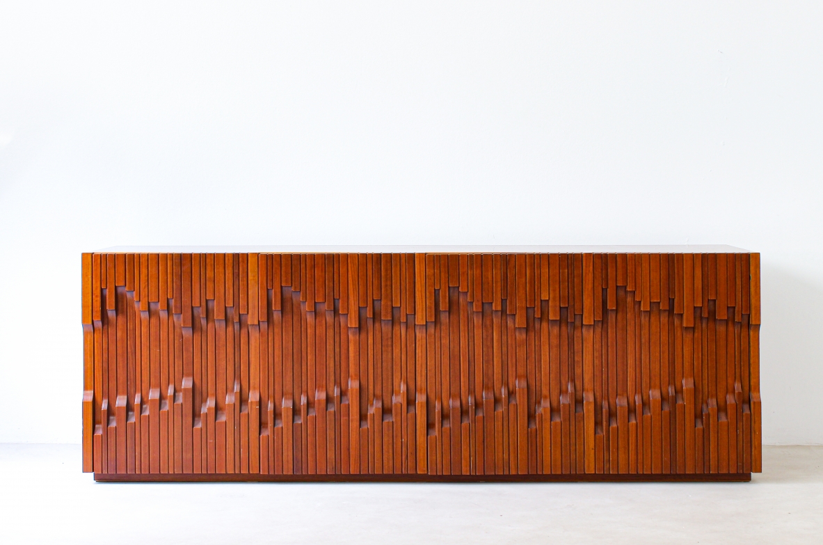 Luciano Frigerio. Large sideboard with front decorated with exotic wood slats. Frigerio di Desio production, 1970's