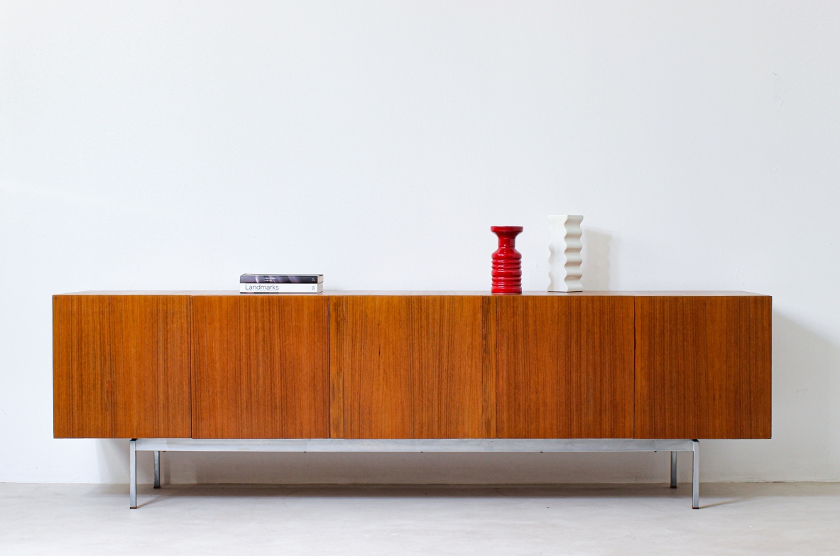 Florence Knoll large five-door storage cabinet in blond wood with steel base, 1960s.