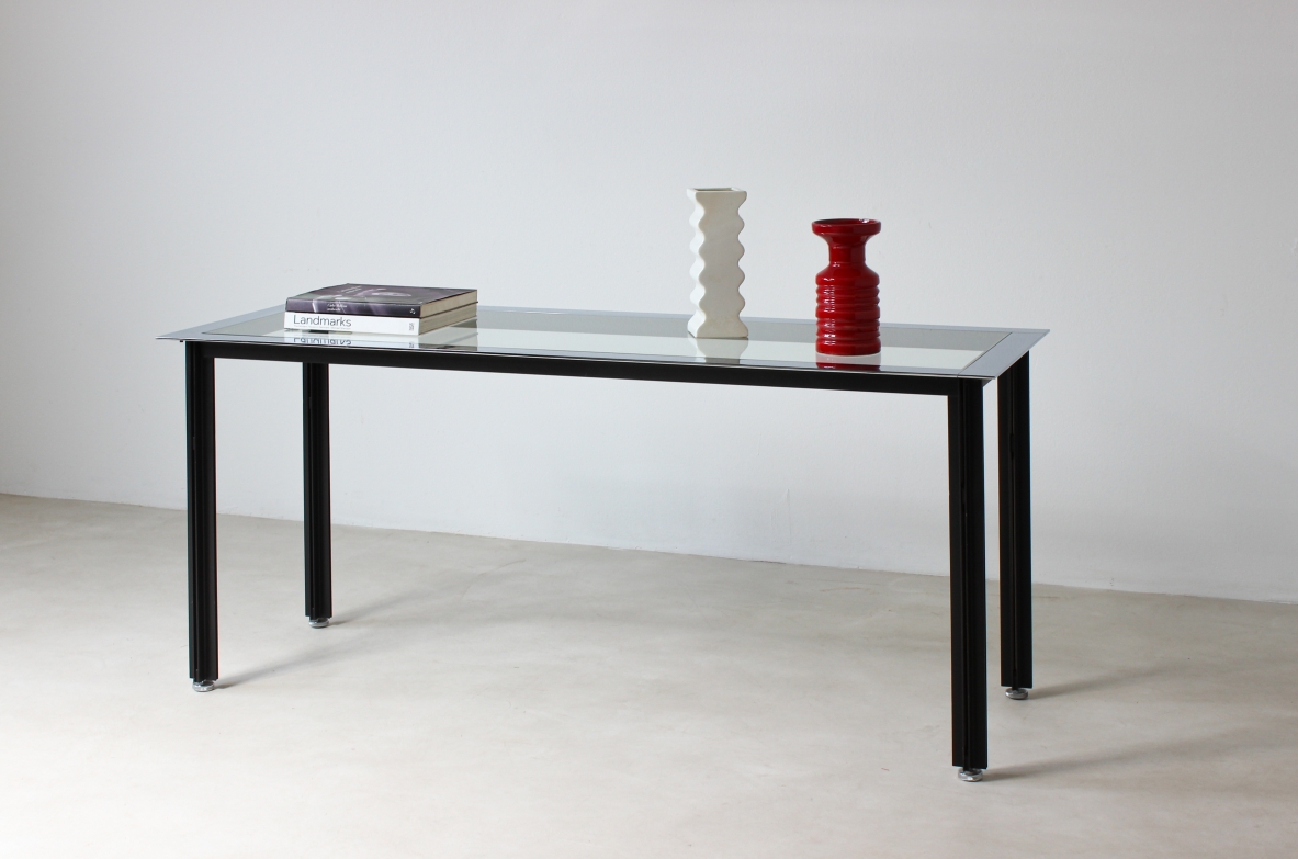 Ignazio Gardella. Console table with glass top and chromed metal band. Azucena production, 1970's