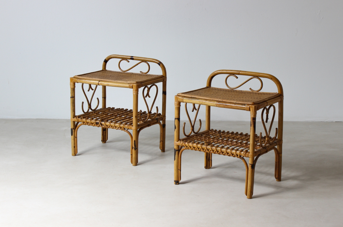 Pair of bedside tables in bamboo and woven rattan. Italian manufacture, 1960's