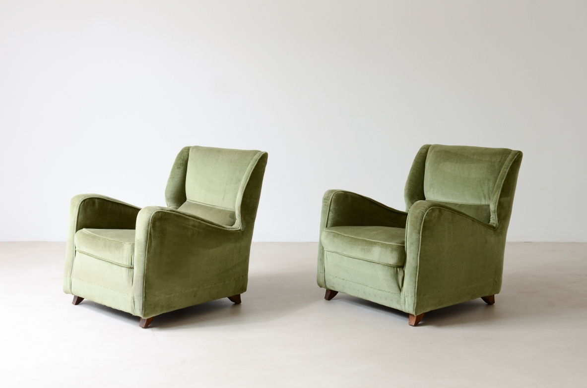 Pair of modernist armchairs upholstered in velvet.  Italian manufacture, 1940's