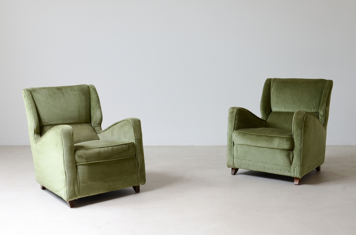 Pair of modernist armchairs upholstered in velvet.  Italian manufacture, 1940's
