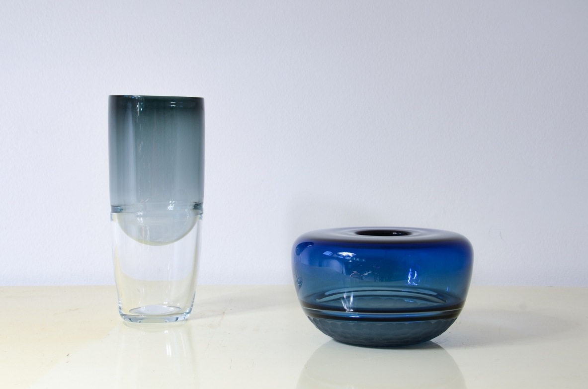 Paolo Crepax  Vases in shades of blue, green and gray in melted and ground Murano glass with soft shapes.
