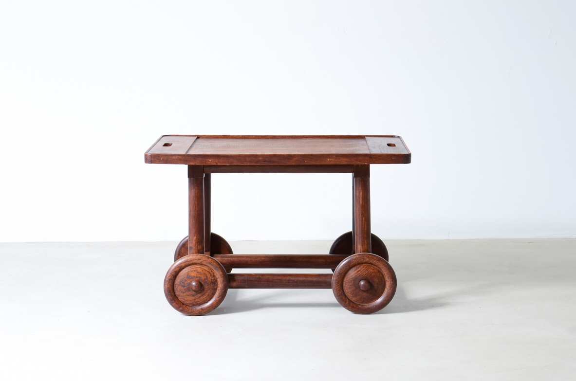 Unique trolley in oak with tray top and large wheels.   Turin school, 1940s manufacture.