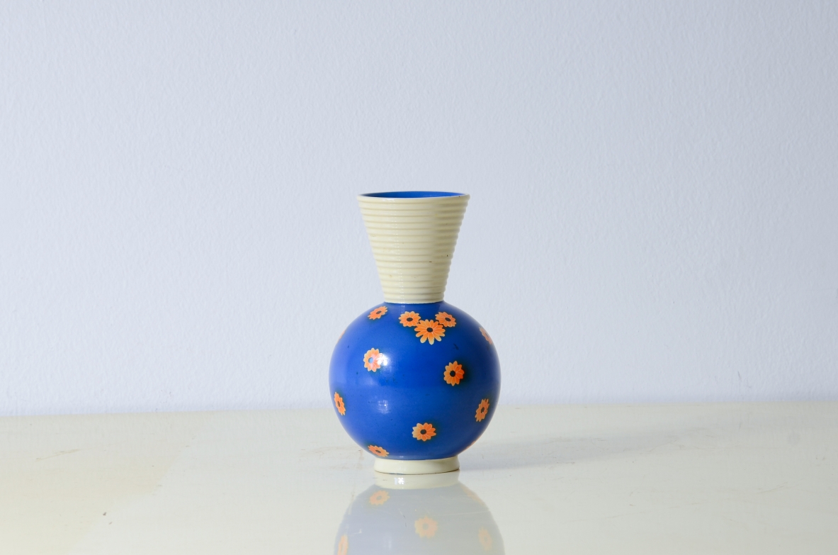 Ceramiche Rometti  Vaso blu con decoro e grande apertura filettata. Manifattura Umbertide 1940ca.