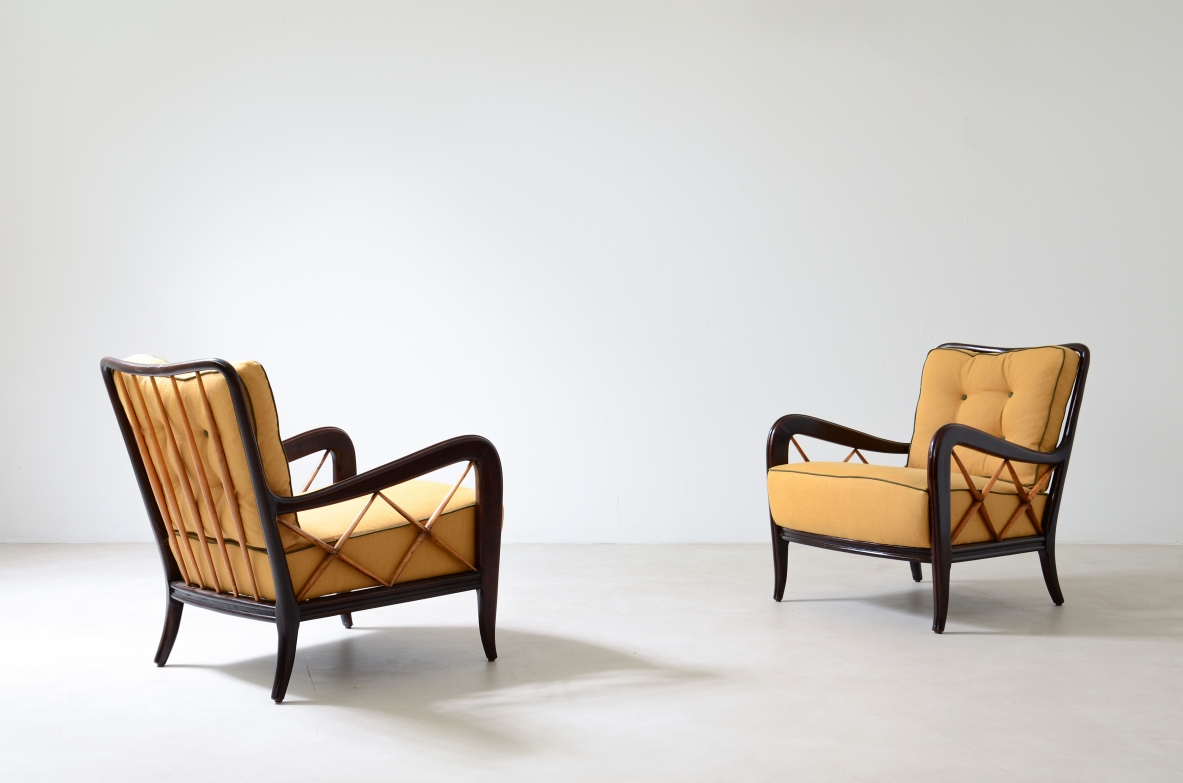 Paolo Buffa  Pair of armchairs in stained polished wood and blond maple with upholstered seat and cushion on the back.  Italian manufacture around 1935.