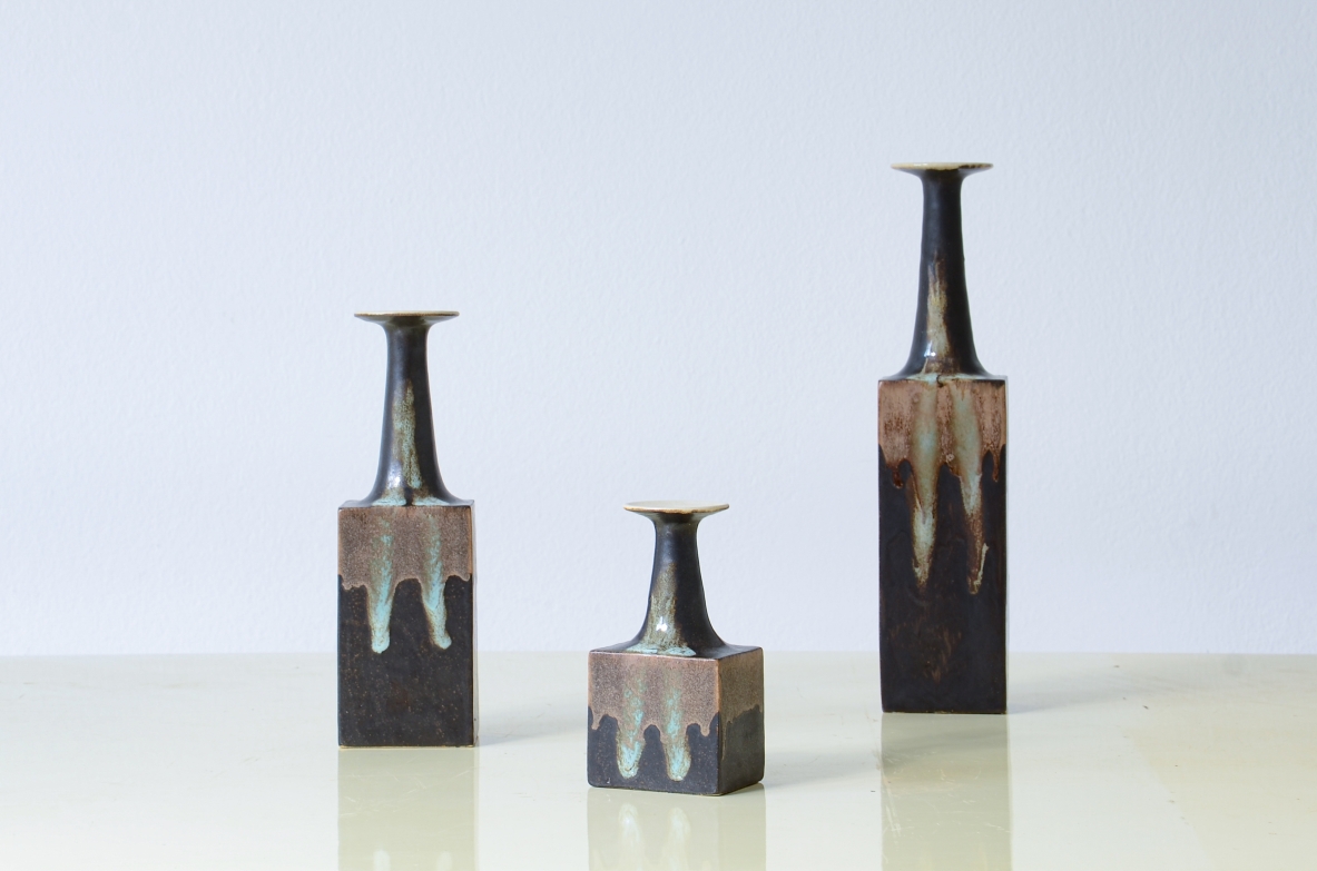 Bruno Gambone (Vietri sul mare 1936)  Set of ceramic bottle vases.  Vietri manufacture around 1970.