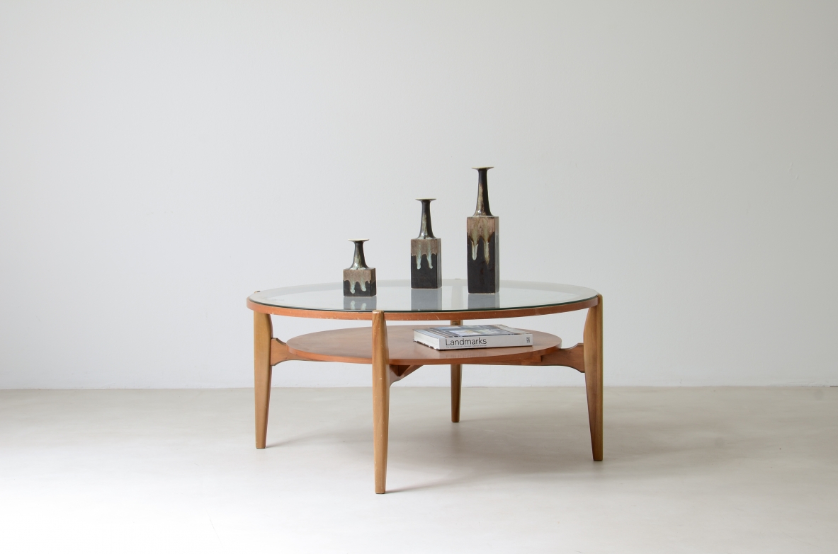 Large low table in light wood with ground glass top and wooden top.  Italian manufacture, around 1950.