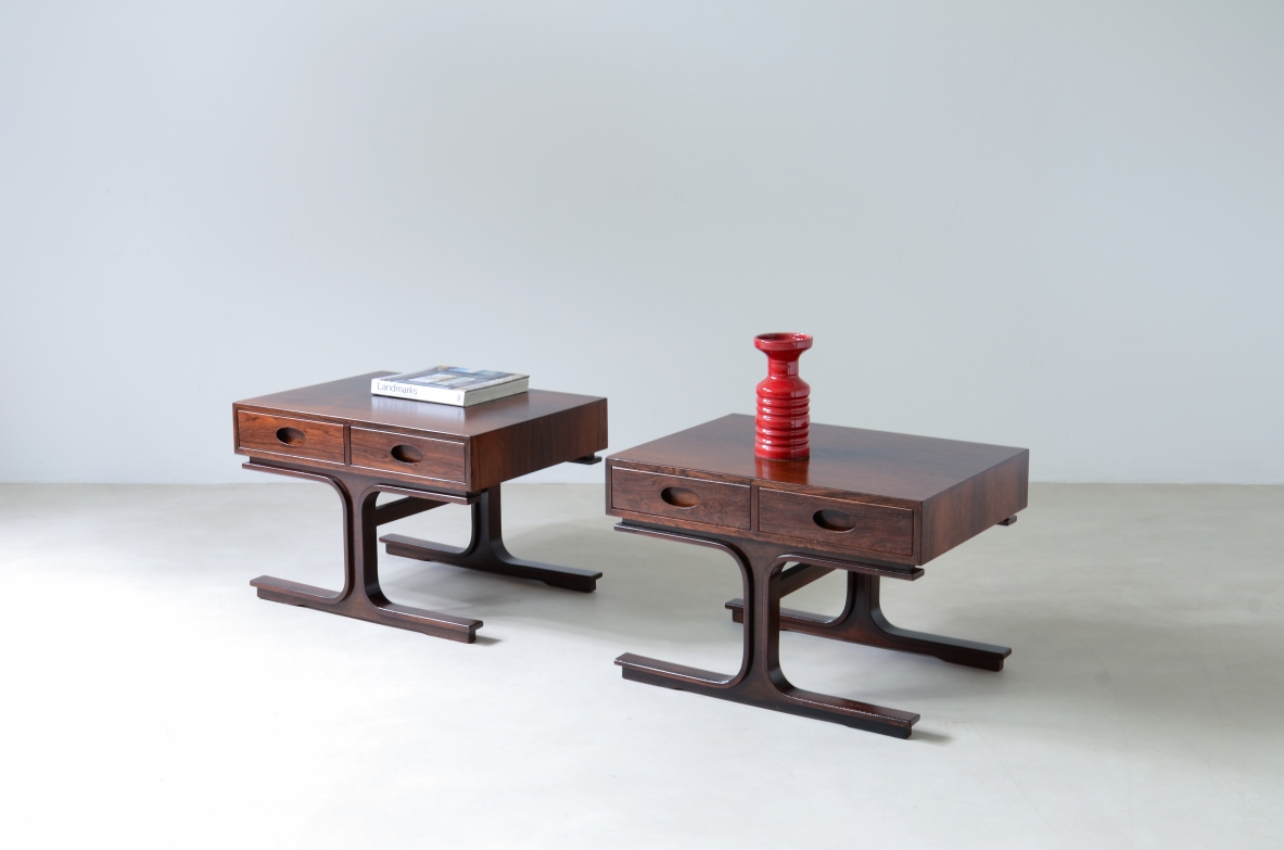 Gianfranco Frattini (1926-2004) Pair of coffee tables with 2 drawers and two uprights.  Bernini manufacture, Italy 1957.