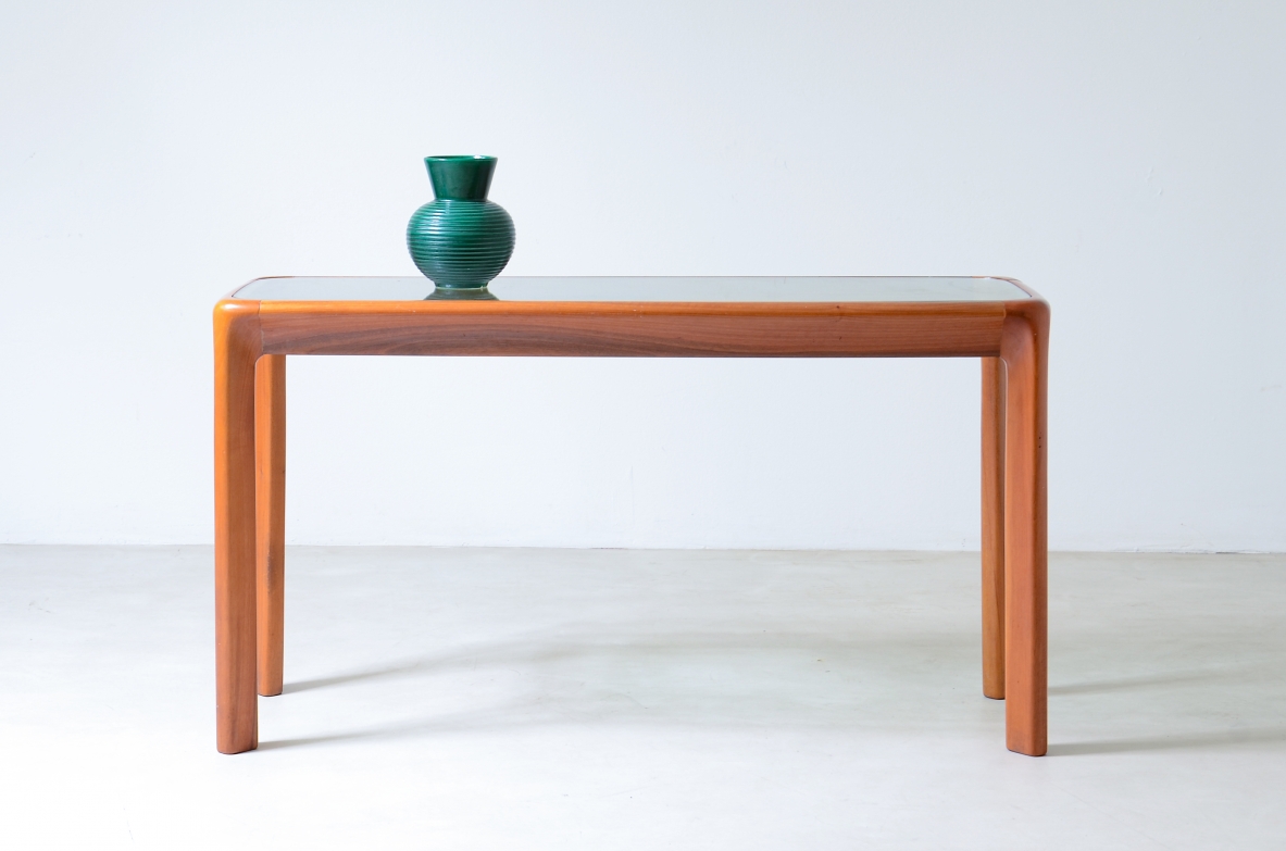 Angelo Mangiarotti (1921-2012)  Console table with wooden structure and thick cut glass top.  Sorgente del Mobile manufacture, Italy, 1975