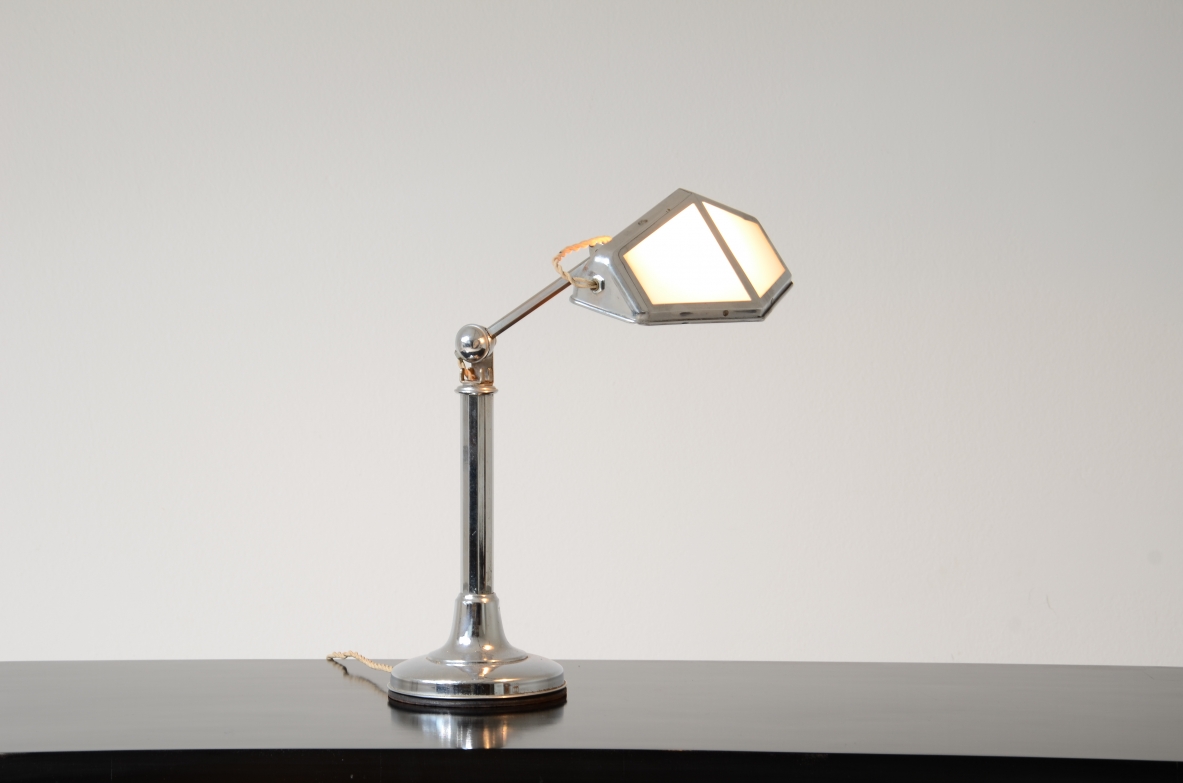 Table lamp in chromed metal and opal glass.  French manufacture, ca. 1930.