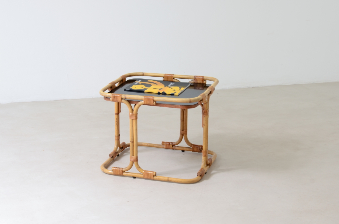 Tito Agnoli (1931-2012)  Small rattan and curved bamboo coffee table . Bonacina manufacture 1970