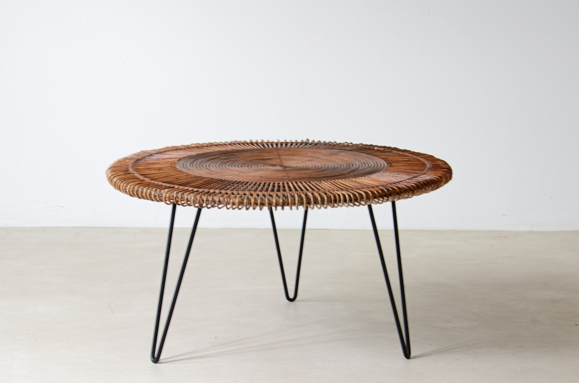 large coffee table with beautiful woven rush workmanship  Italian manufacture, 1950.