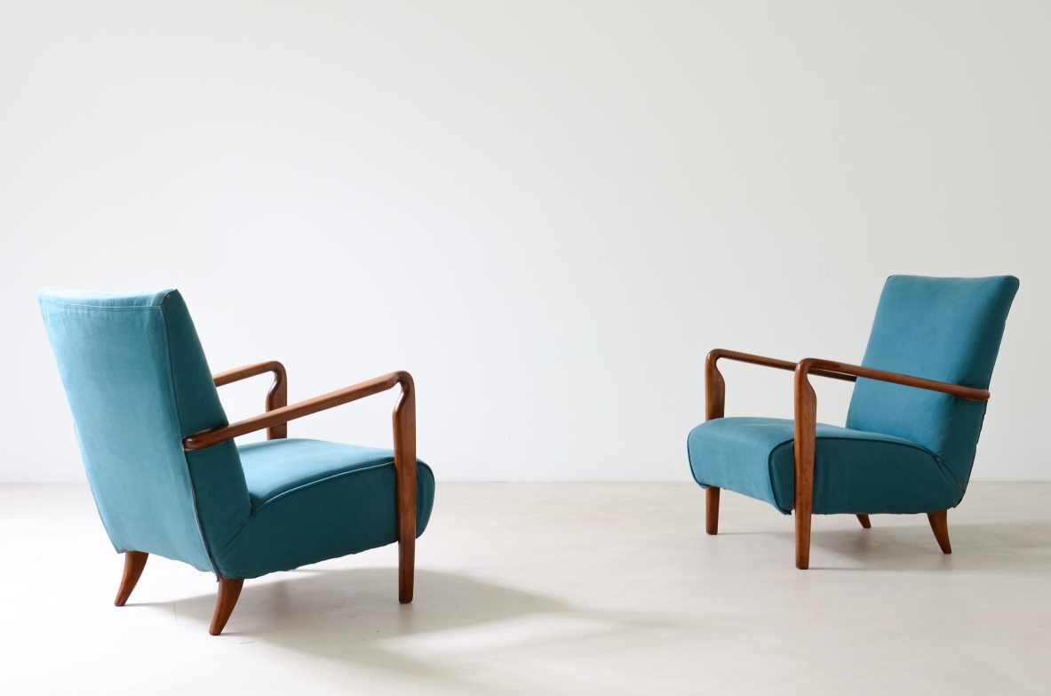 Pair of small armchairs in upholstered fabric, Amedeo Cassina, 1950ca.