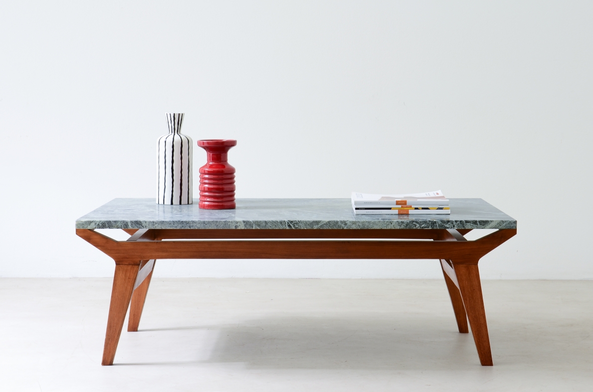 Ico Parisi Shaped wooden living room table with green Alps marble top.