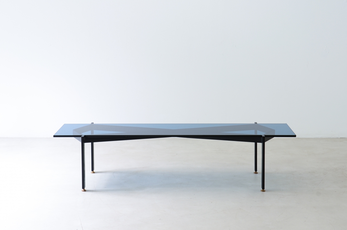 Fontana Arte Milan  Very refined coffee table with metal structure and thick blue cut glass top.