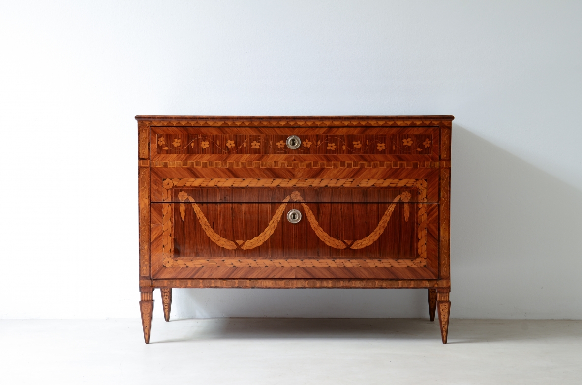 Extraordinary inlaid cabinet with two drawers.  Louis XVI era,