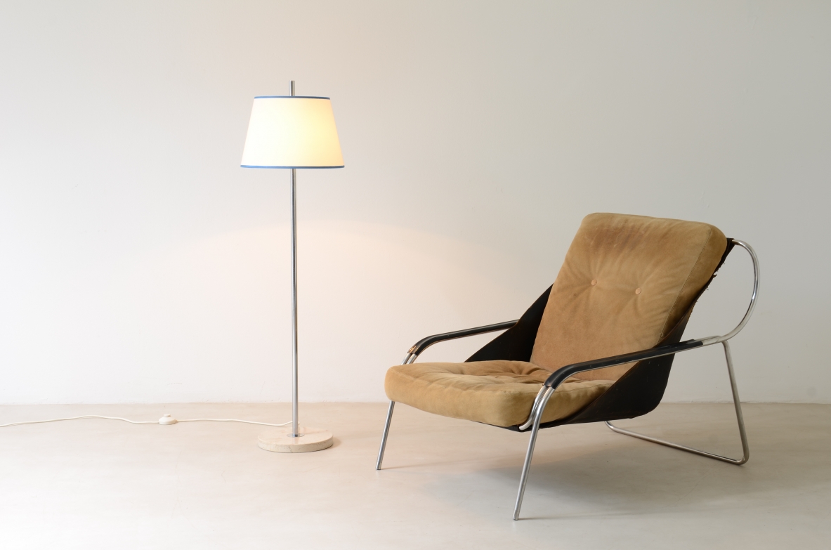 Marco Zanuso"Maggiolina" armchair with steel structure, leather armrests and original suede upholstery.