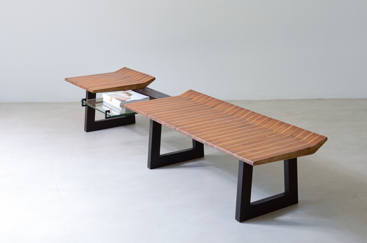 1950s Martin Eisler bench in mixed woods with metal frame and beveled glass top, overall view