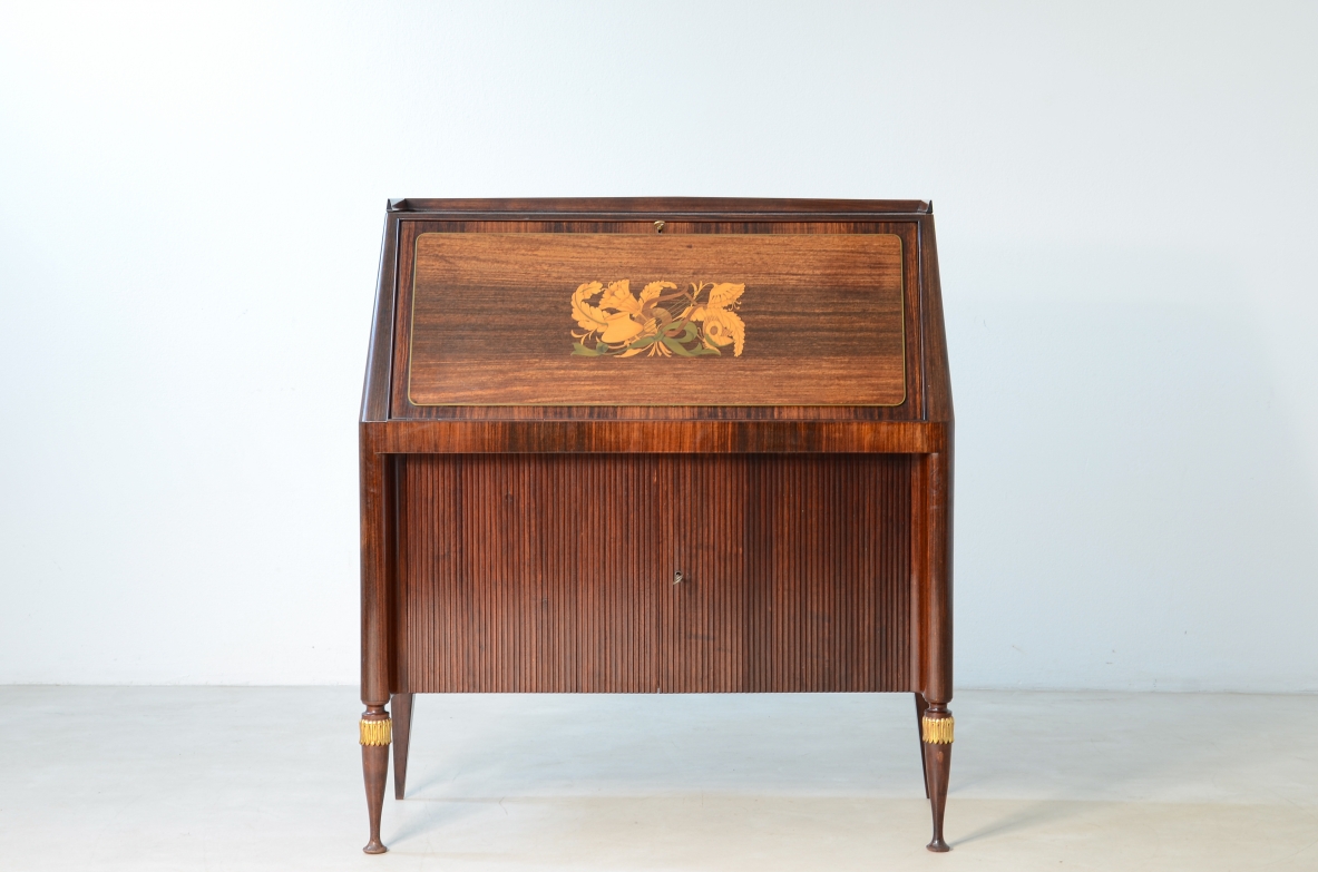 Pier Luigi Colli 1955 cabinet with precious wood marquetry and engraved brass fall-front designed by Giovanni Gariboldi, reeded wood doors and gilded details.