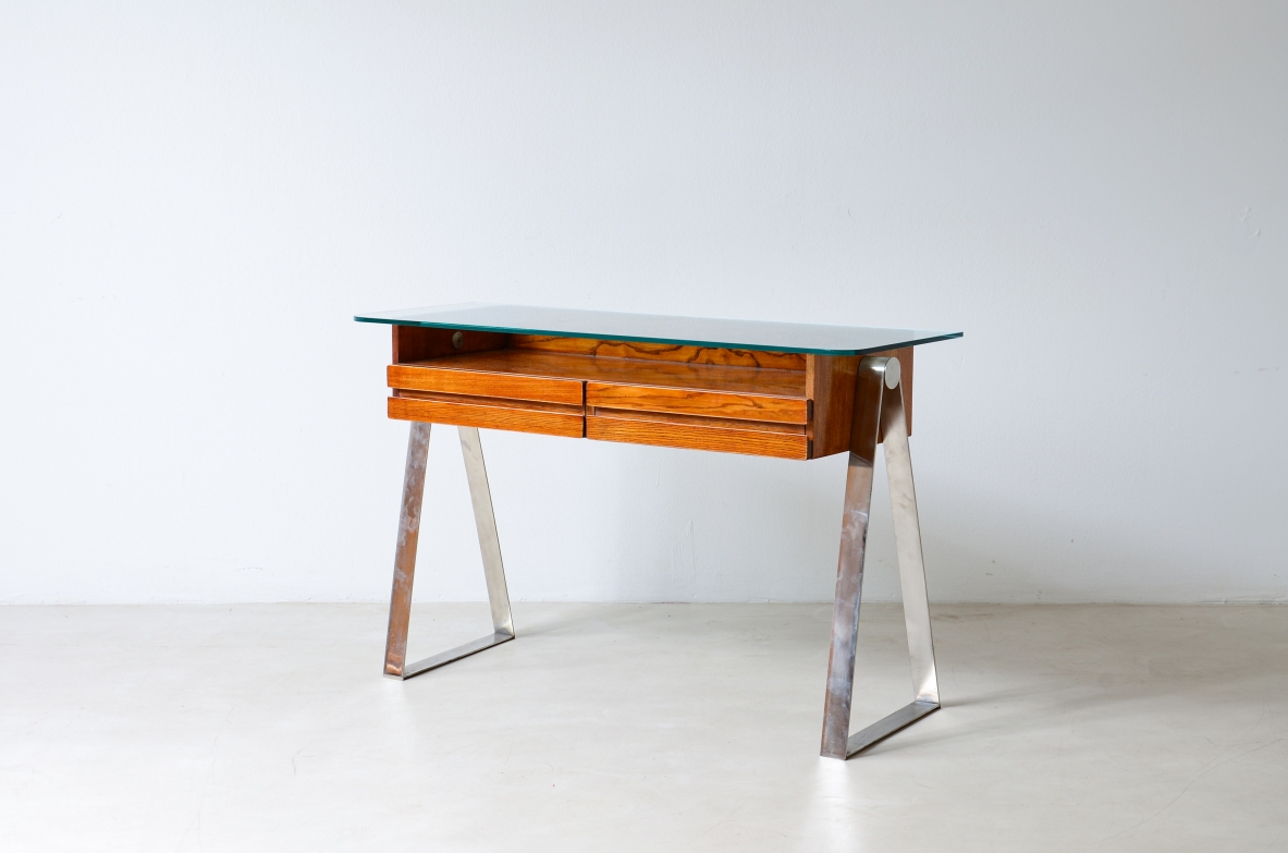 Modernist console in blond oak with steel structure.Italian manufacture 1960ca.