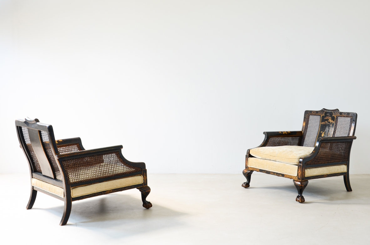 pair of colonial armchairs in lacquered wood and hand painted with oriental motifs.UK manufacture, Victorian Period ca.1860-1880.