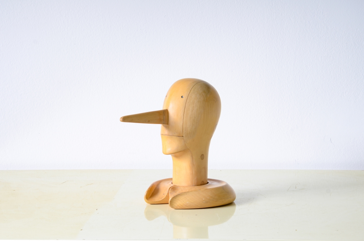 Alfonso Bini  Pinocchio head in maple wood carved and sculpted, probably designed to be used as a nutcracker. Italian manufacture ca.1970s.
