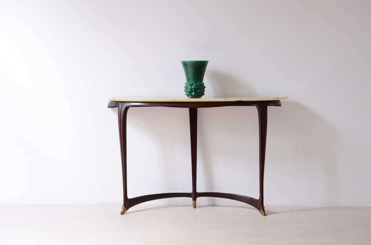 Carlo Enrico Rava wooden console with mixtilinear legs and a marble top 1950s