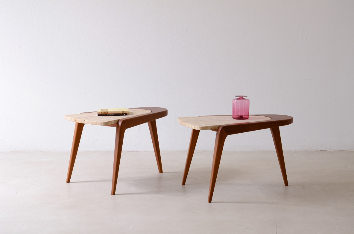 Pair of shaped wooden coffee tables with travertine tops.  Made in Italy, custom-made.