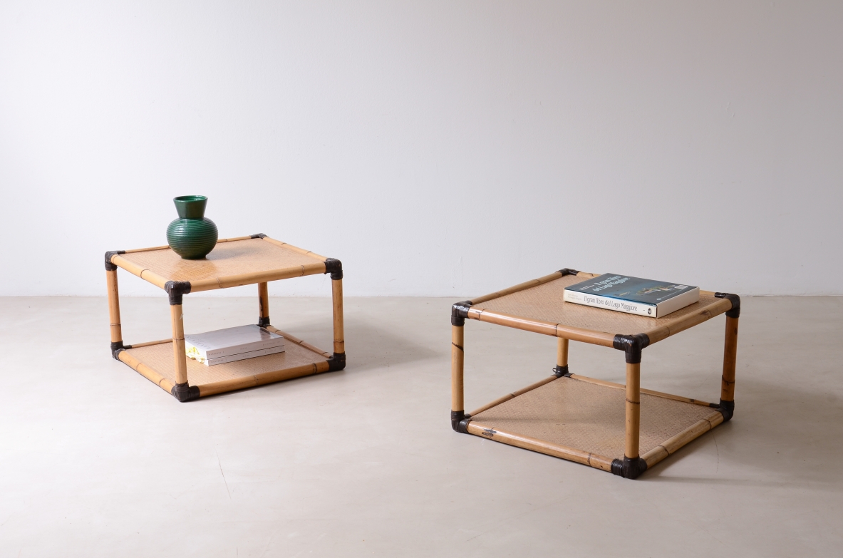 Two rattan, raffia, and leather coffee tables.  Italian-made, circa 1970s.