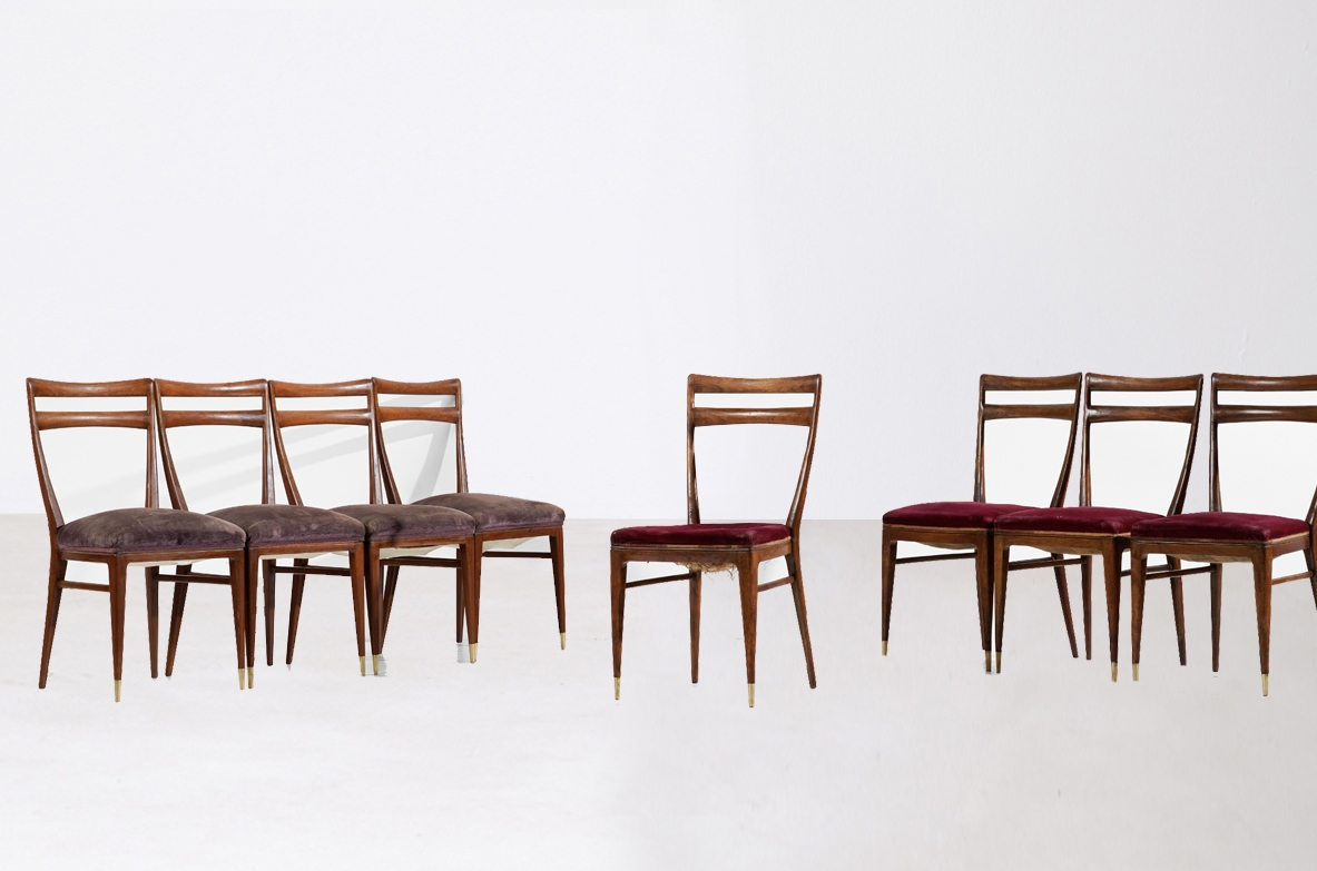 Set of eight Guglielmo Ulrich walnut chairs with open backs and upholstered seats, Arca Milan, 1940s.